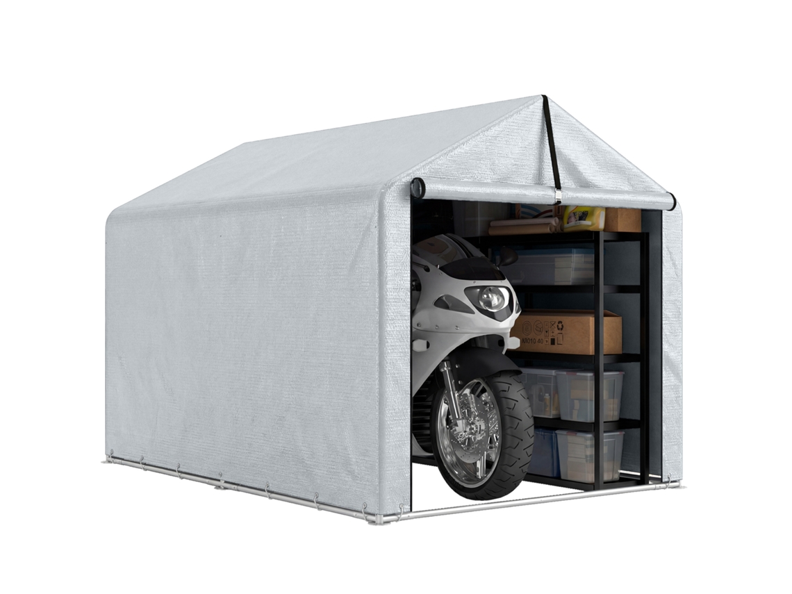 Tenda De Jardim Exterior Para Ferramentas E Bicicletas Com Estrutura Em Aço Galvanizado E Porta Enrolável, Cinzento