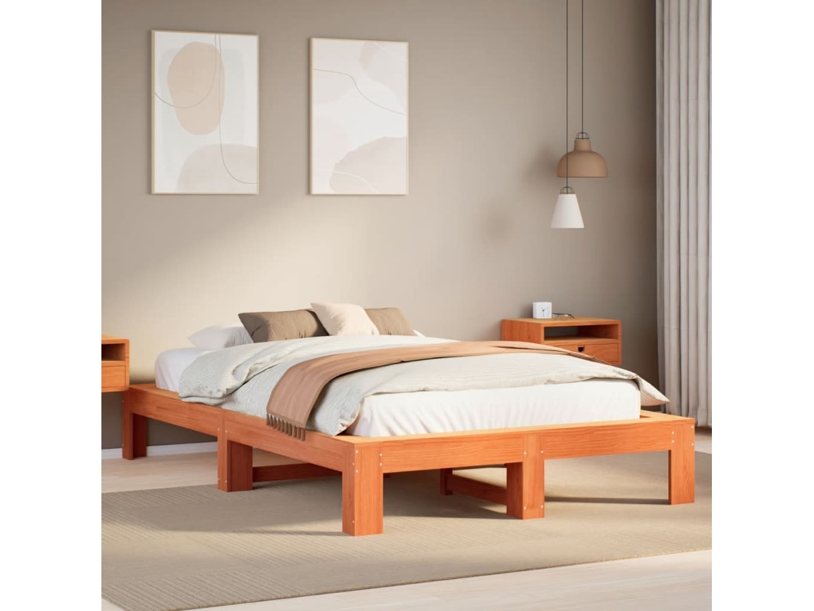 Vidaxl Cama Sem Colchão 135x190 Cm Madeira Pinho Maciça Castanho-mel