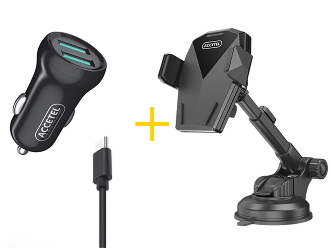 Pack Auto Suporte ACCETEL SP129 + Cabo Type C + Carregador para Oppo A98 ACCETEL CC266 2X USB 2.4A Preto 