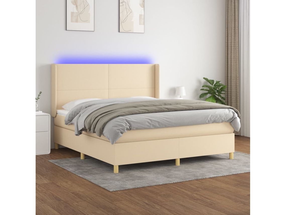 Vidaxl Cama Box Spring C/ Colchão E Led 180x200 Cm Tecido Cor Creme