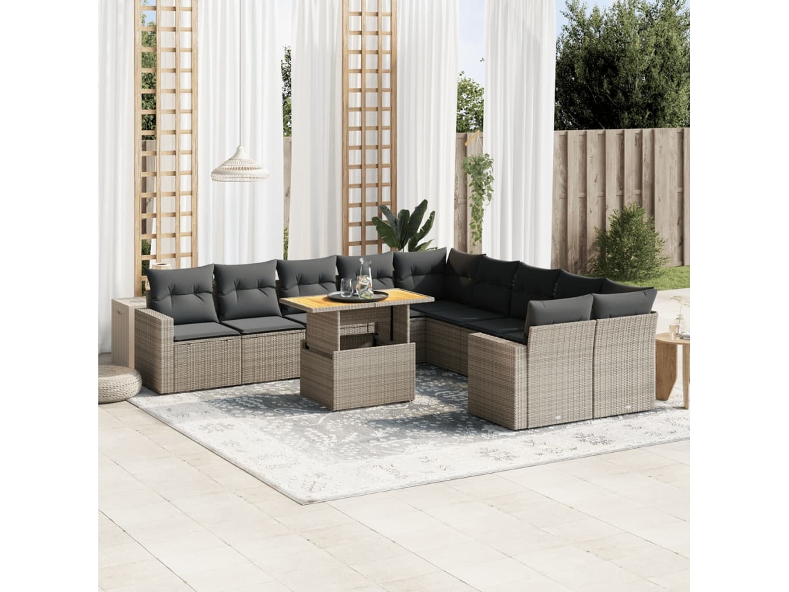 Vidaxl 11 Pcs Conjunto Sofás De Jardim C/ Almofadões Vime Pe Cinzento