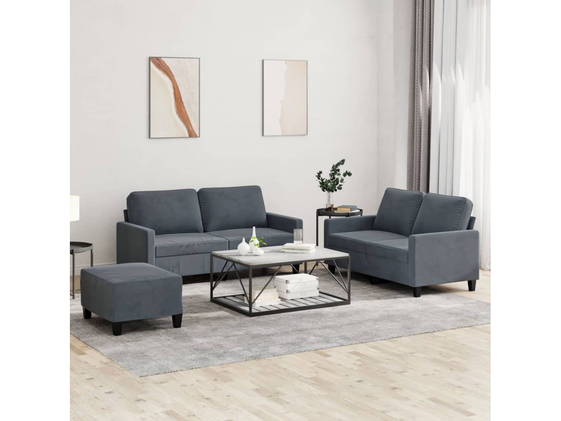 Vidaxl 3 Pcs Conjunto de Sofás com Almofadões Veludo Cinzento escuro