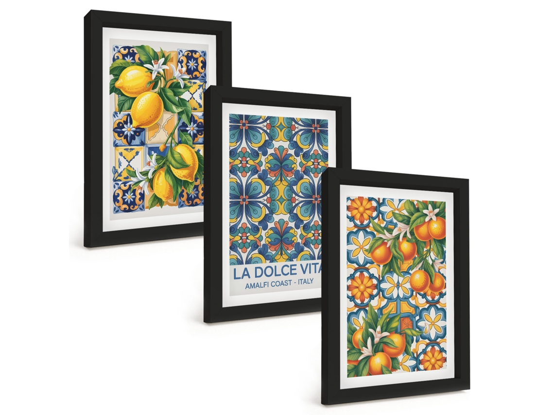 Composição De Quadros Limões, Flores, Laranjas, Padrões Espelharte (3 Peças 20x30 Cm)