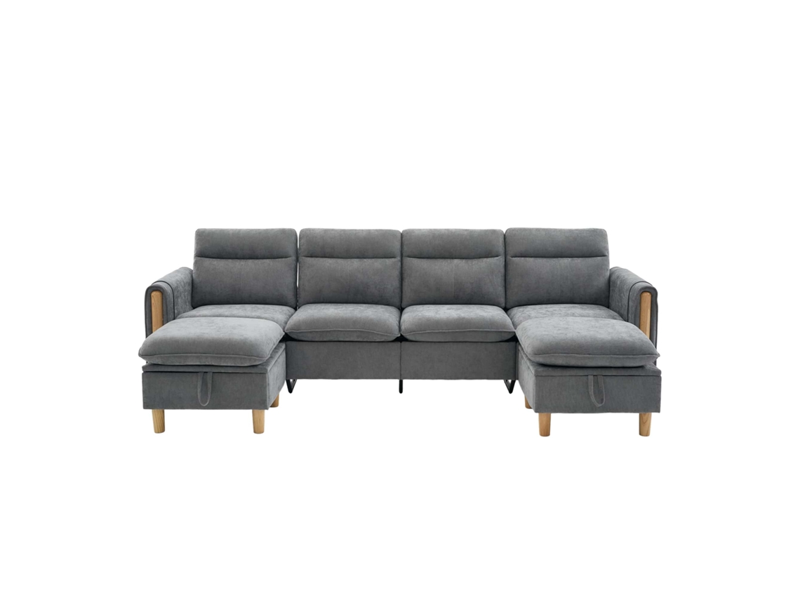 Sofá Modular U 4 Lugares Com 2 Pufes De Arrumação, Design Modular E Chenille Cinzento Claro