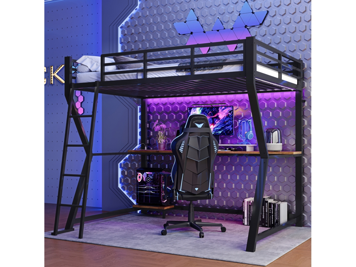 Cama Alta 90x200 Led Prateleira Escrivaninha Tomada Usb Grade Preta