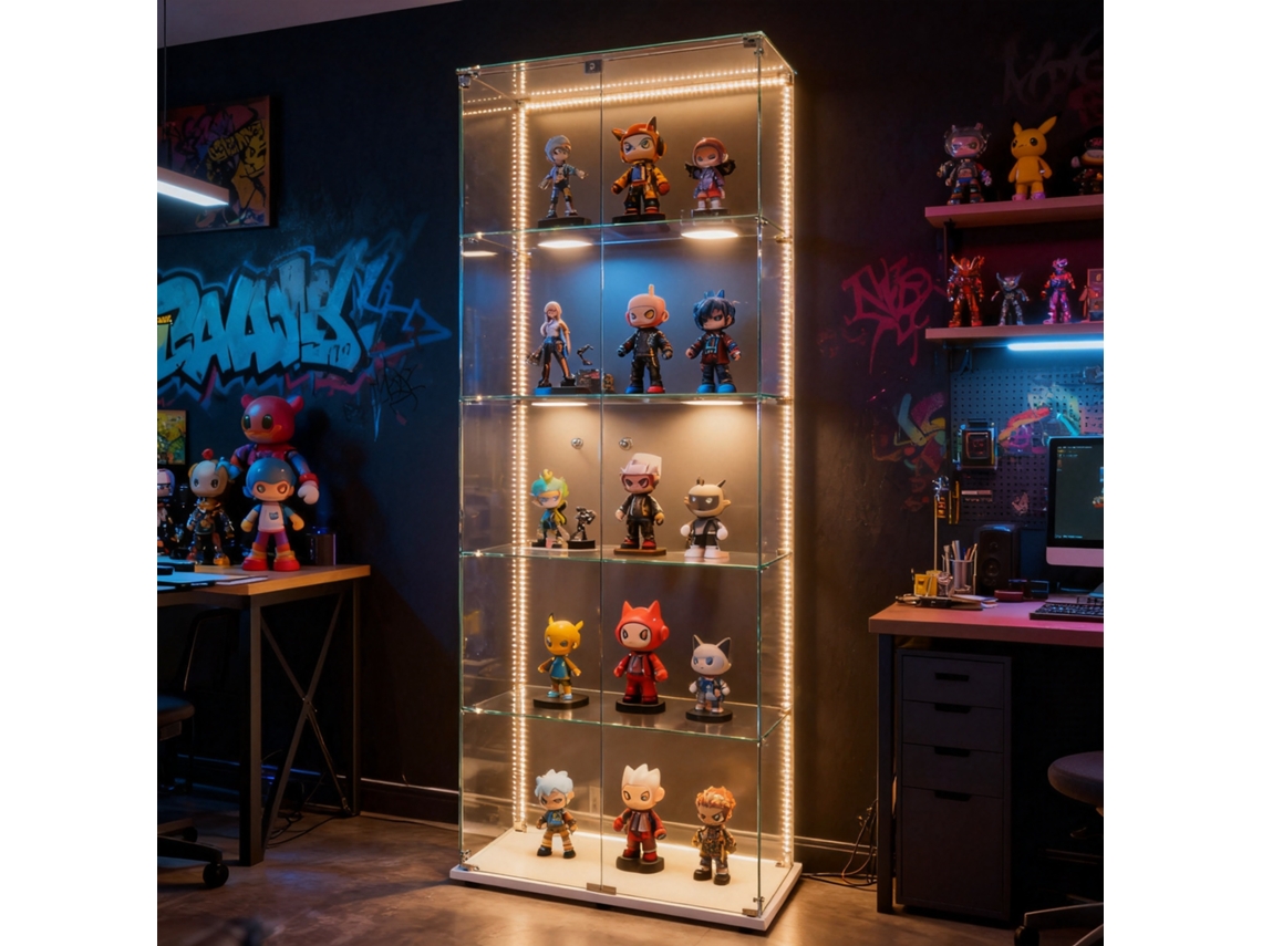Vitrine de Vidro 186,5x78,5x34,5cm, 5 Prateleiras, Luz LED, Branca ROSAHQNDA