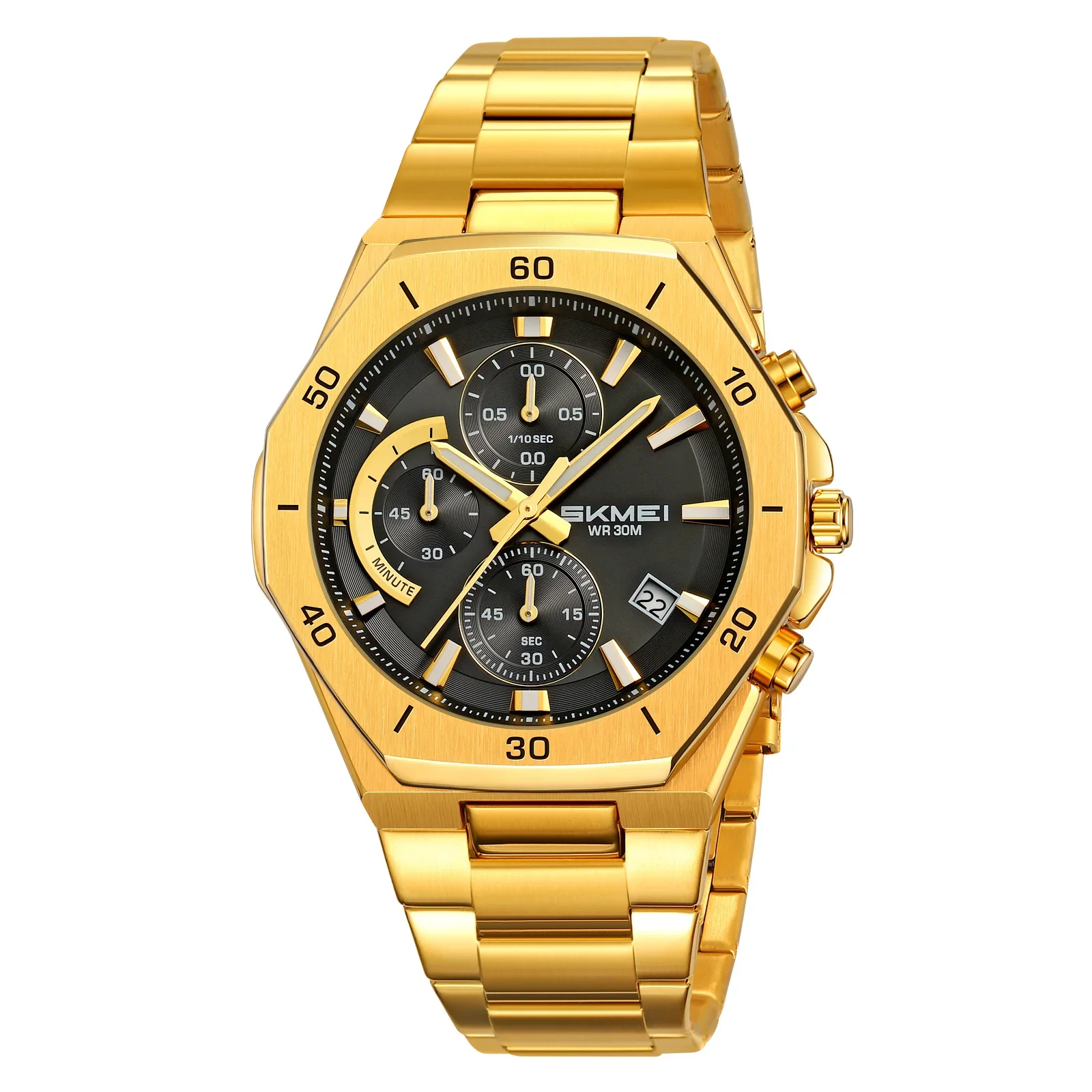 Relógio de Liga Metálica com Pulseira de Aço Inoxidável, Exibição de Data e Hora, Resistente À Água. MDUG (dourado e Preto)
