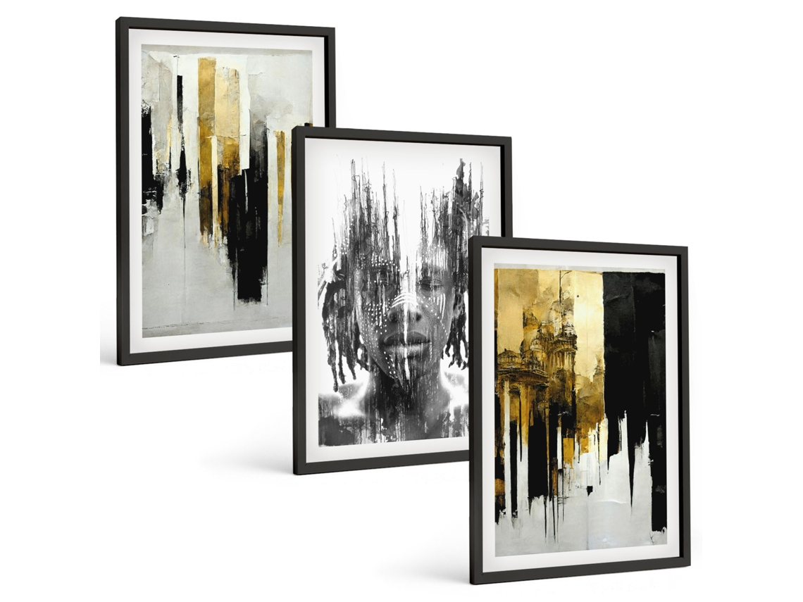 Galeria De Pinturas Murais Retratos Abstratos Contrastantes Moldura Preta Fotos Para O Escritório Espelharte (3 Piezas De 40x60 Cm)