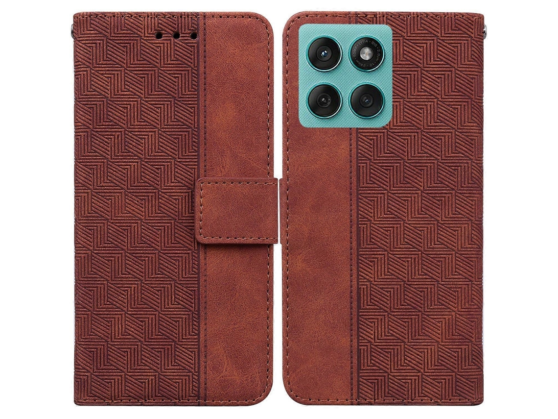 Capa Tipo Carteira De Couro Com Padrão Geométrico E Alça De Pulso Marrom Para Motorola Edge 60 5g / 60 Fusion 5g