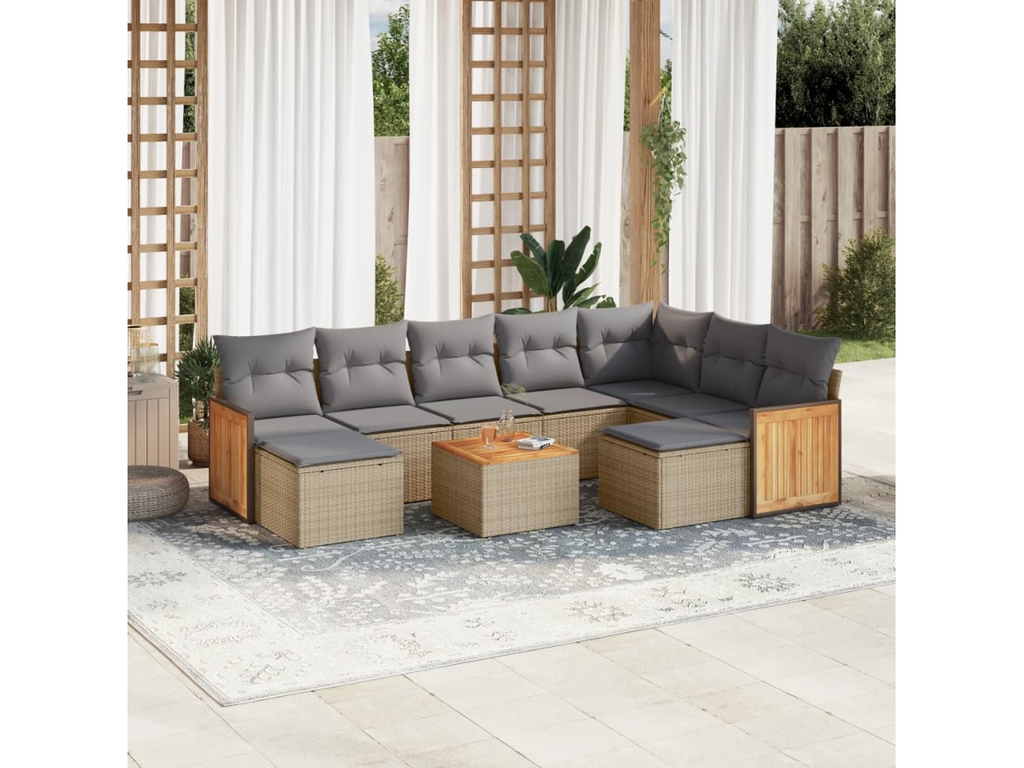 Vidaxl 10 Pcs Conjunto De Sofás P/ Jardim Com Almofadões Vime Pe Bege