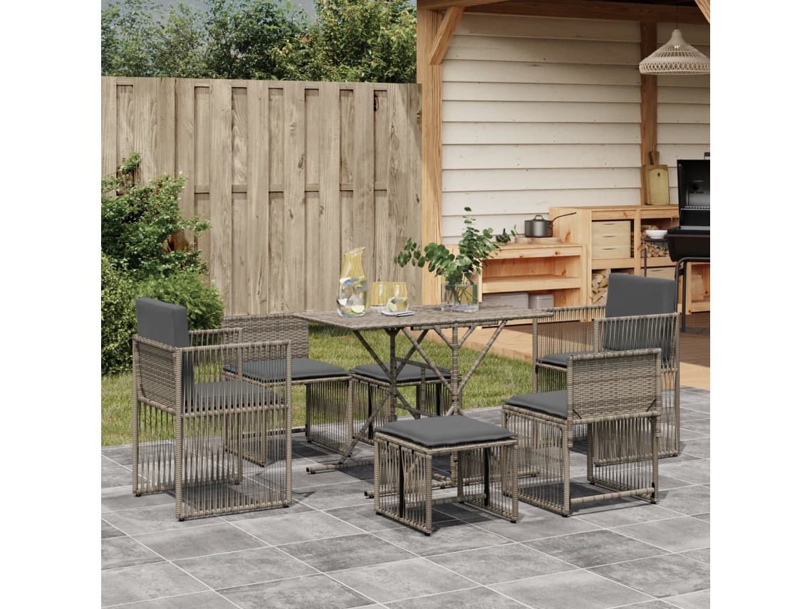 Vidaxl 7 Pcs Conjunto De Jantar P/ Jardim C/ Almofadões Vime Pe Cinza