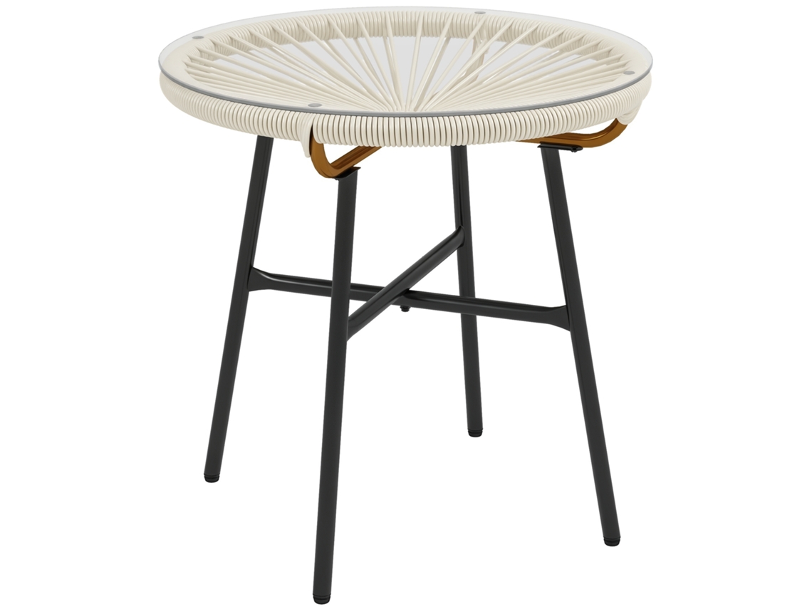 Mesa de Rattan com Tampo de Vidro, Ø 50 cm, Externa, Bege