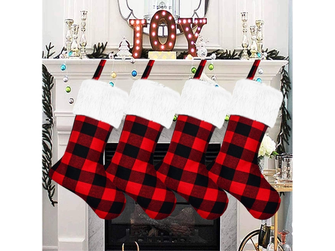 Meias de Natal Pacote com 4 Meias de Natal de Pelúcia Punho de Pele Sintética Festa de Natal em Família Vermelho e Preto