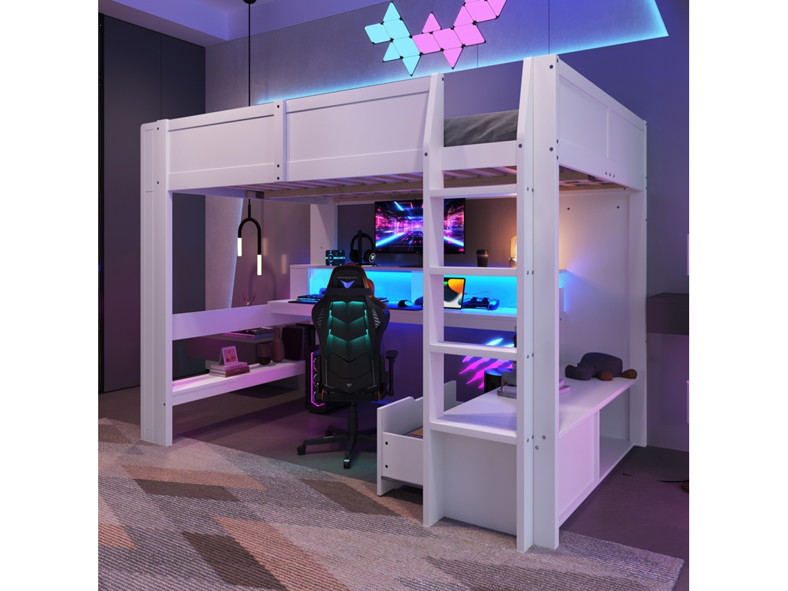 Cama Elevada 140x200cm Com Mesa Led, Gaveta E Estantes Branca Sem Colchão