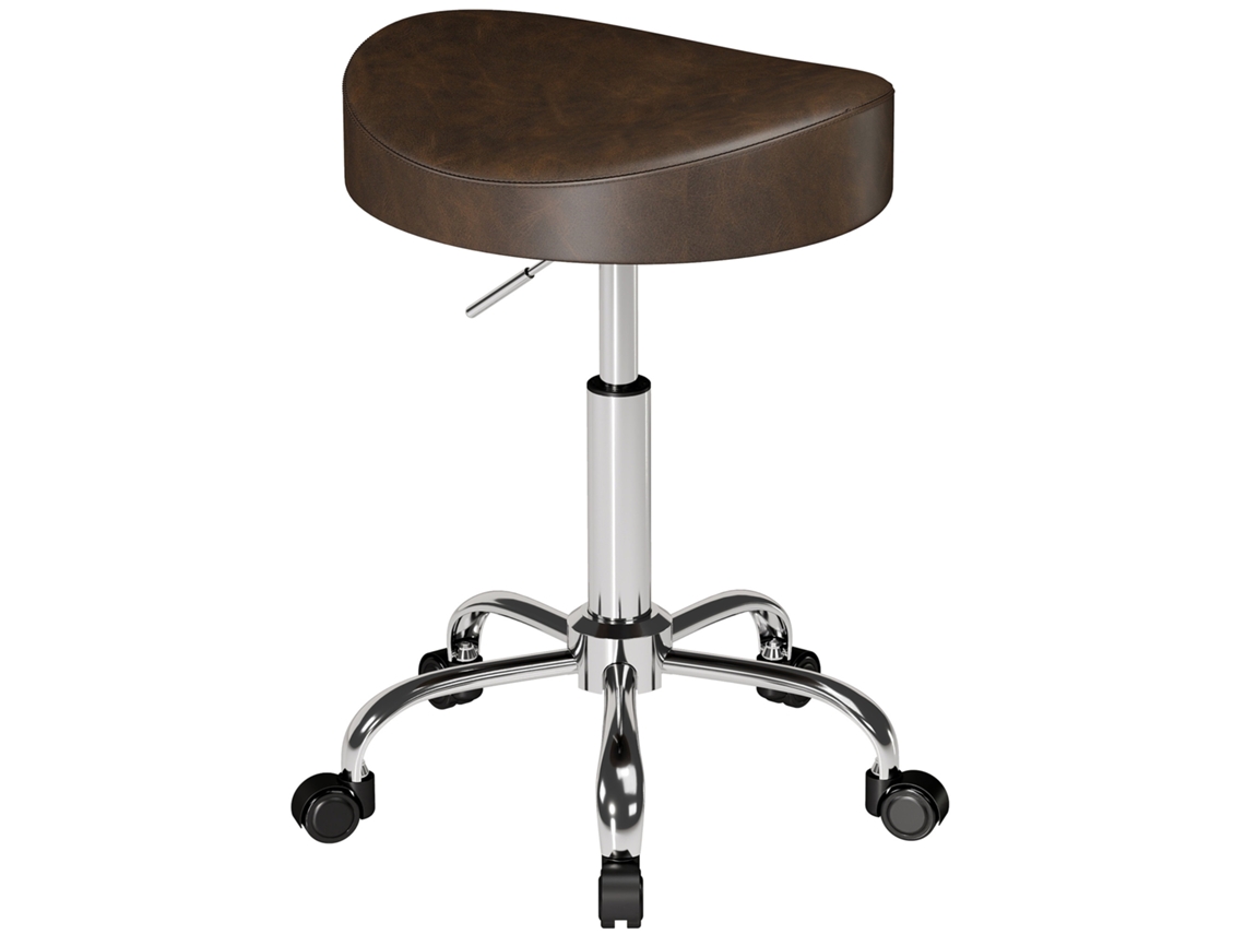 Tabouret Com Rodas, Altura Regulável 51-66 Cm, Assento Acolchoado, Gira 360°, Castanho