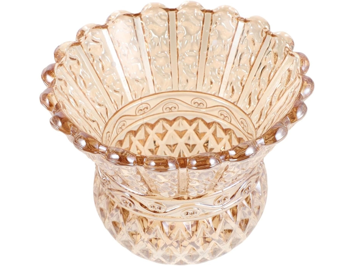 Abajur de Mesa Pequeno Vintage em Vidro Âmbar com Estampa Floral e Borda Ondulada. SFUSHOS