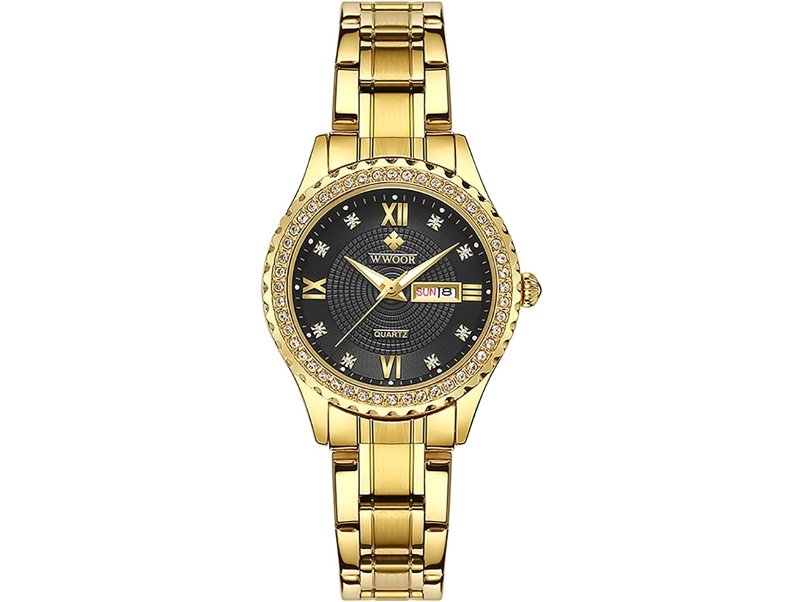 Lurelia Relógio Feminino, Movimento De Quartzo, Data/calendário, Detalhes Com Strass, Aço Inoxidável, Dourado E Preto