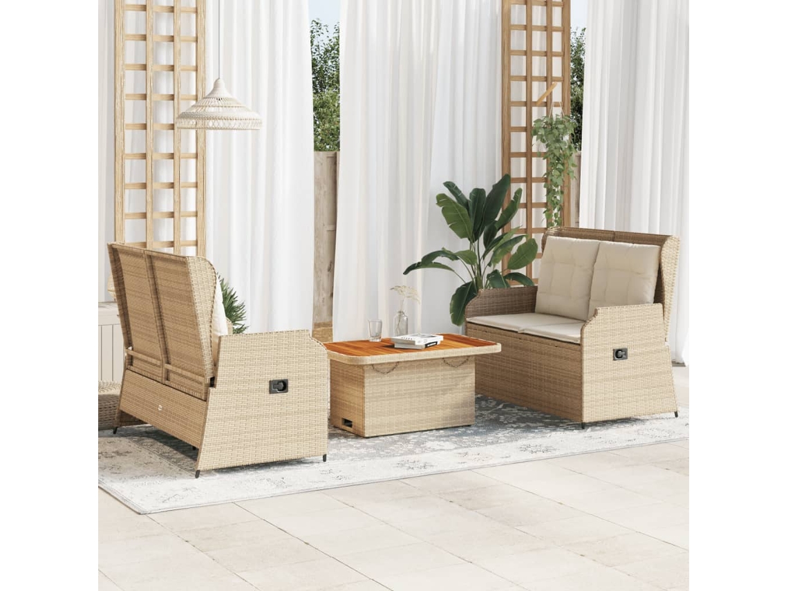 Vidaxl 3 Pcs Conjunto Lounge De Jardim Com Almofadões Vime Pe Bege