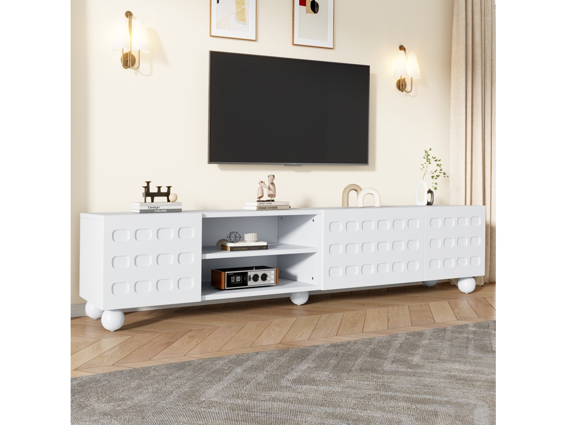 Móvel TV Oval em Nogueira Escuro 180x40x40 cm, Design Trançado, 2 Gavetas, Portas Correr, para Tvs 80 polegadas, Suporta 30 kg KOMHTOM