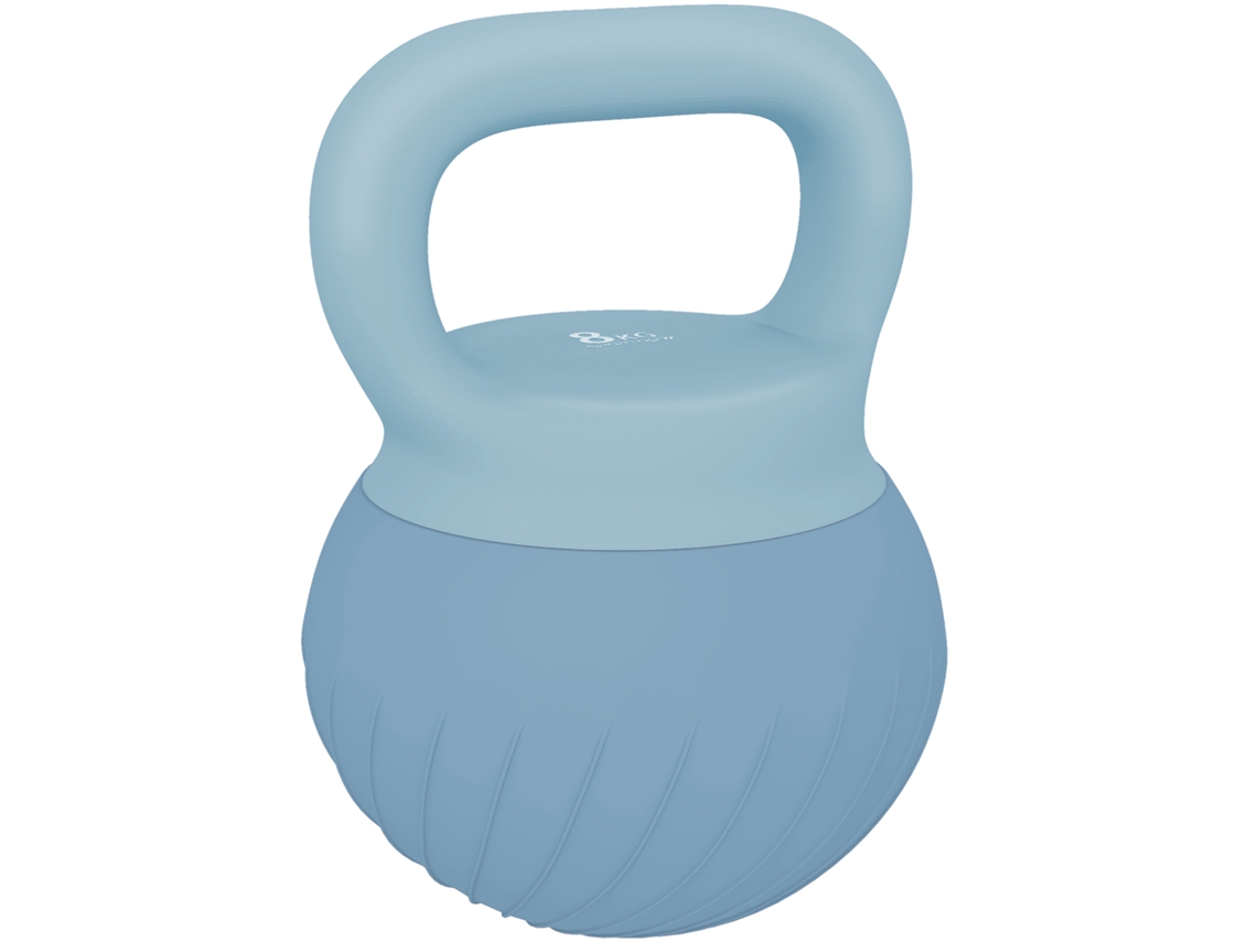 Kettlebell pré-embalado de 8 kg com área metálica e tampa antiderrapante para treinamento, 27 x 20 x 20 cm, azul transparente. Design versátil, prático e moderno.