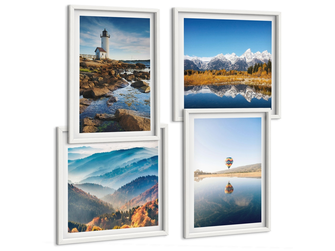 Conjunto De Pinturas Vistas Da Natureza, Lanterna, Montanhas, Balão Moldura Branca Quadros Para A Sala De Estar Espelharte (conjunto De 4 Imagens)