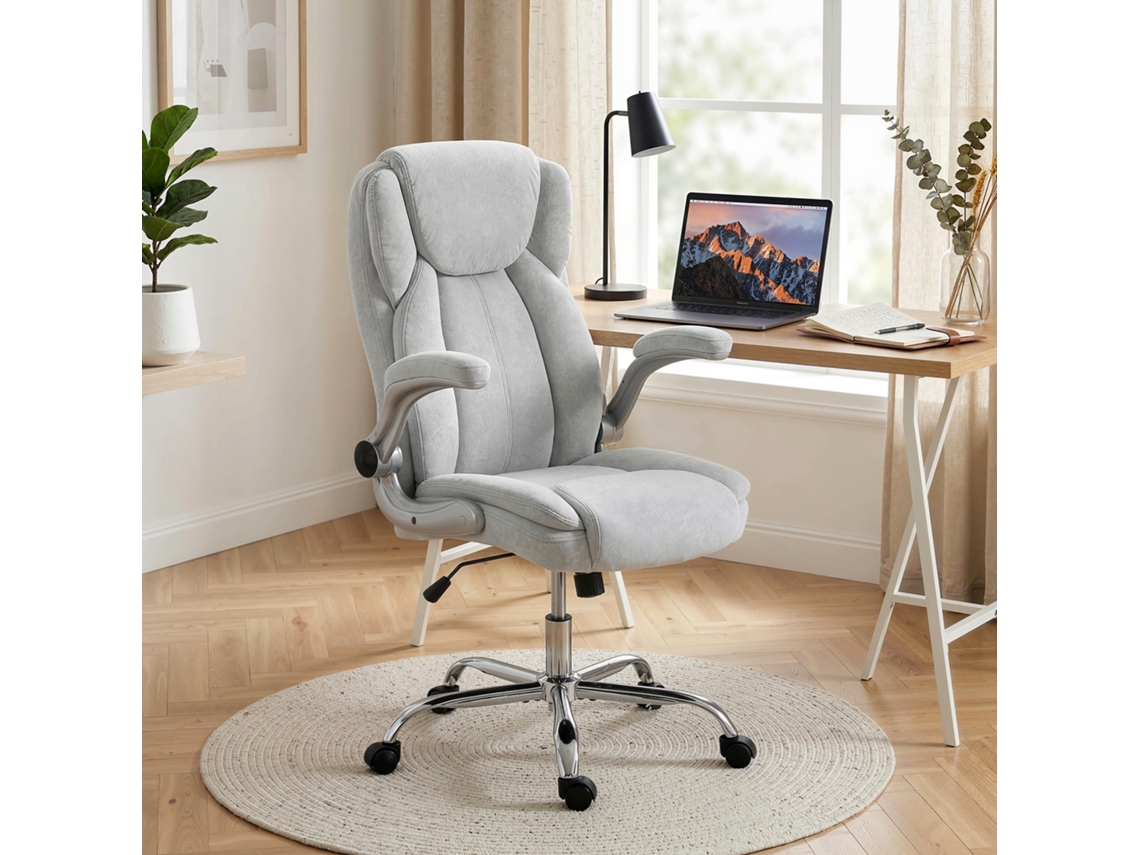 Cadeira De Escritório Apoios De Braços Rebatíveis Altura Ajustável Função Basculante E Estofada Em Veludo 68x69x118 Cm Creme