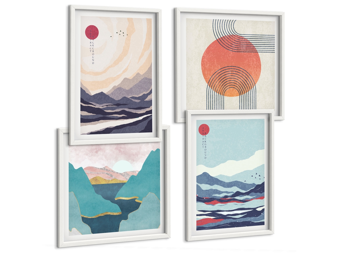 Galeria De Pinturas Murais Padrões Abstratos De Plantas Moldura Branca Quadros Para O Escritório Espelharte (conjunto De 4 Imagens)
