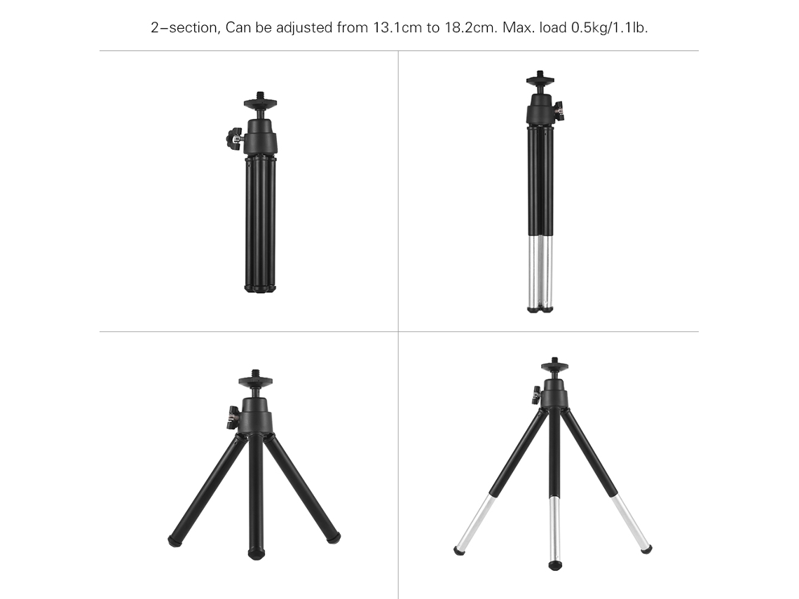 Mini Tripod 2 section Extendable Desktop Tripod Stand Holder 1/4 Inch Screw Mounts For Phone Ildc Max. Load 0.5kg Black LAXISCREED