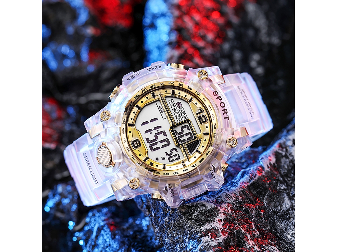(dourado) Relógio De Pulso Eletrônico Elegante Com Design Transparente, Resistente A Choques, Display Led E À Prova D'água.