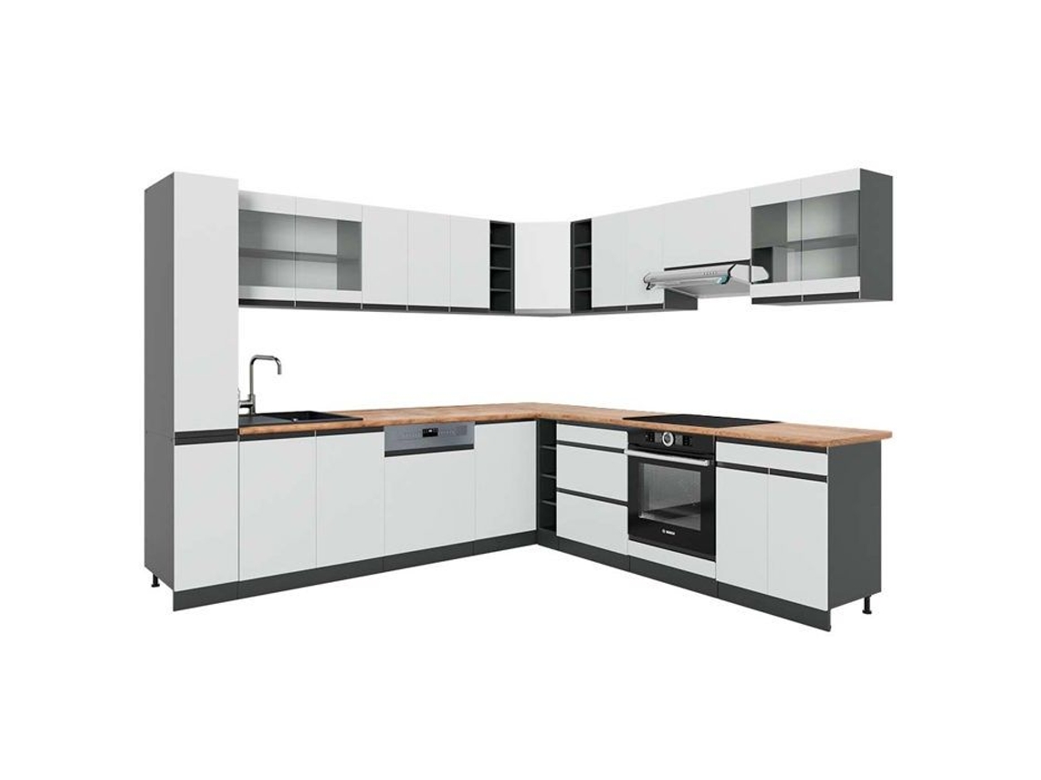 Cozinha de canto R-Line, 257 x 277 cm formato J, PT Carvalho, branco/antracite, Vicco