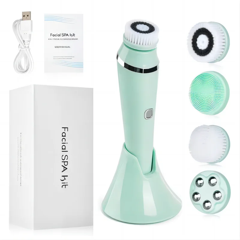 (verde) Escova de limpeza facial rotativa elétrica, limpador facial e de poros