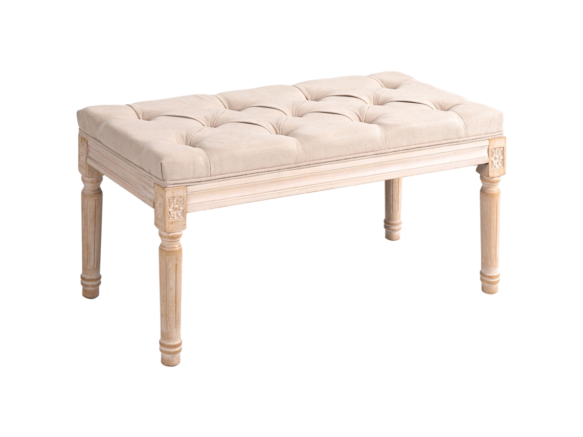 Banco Vintage BTFORUS com design retrô, estofado com botões, pernas torneadas, shabby chic bege/creme