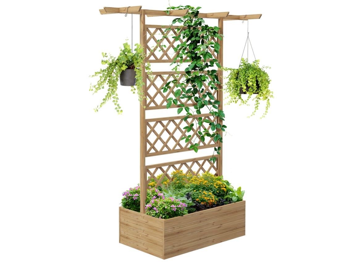 Cama Elevada para Horta com Treliça e Pérgola para Trepadeiras fundo aberto 160x55x183cm madeira natural BTFORUS