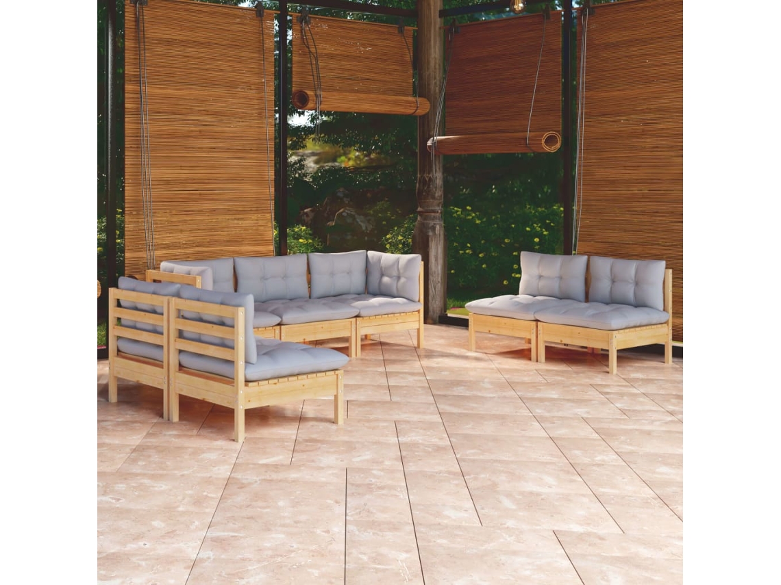 7 Pcs Conjunto Lounge De Jardim Almofadões Cinza Pinho Maciço Dkd Home Decor
