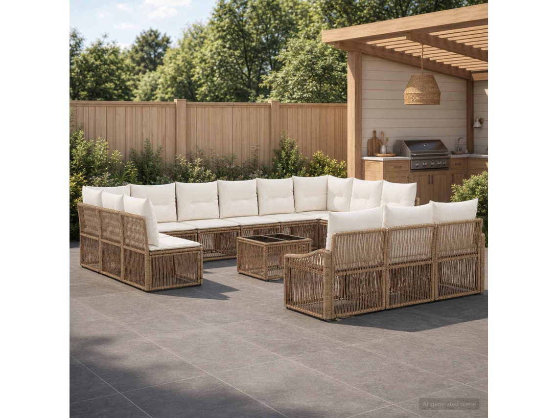 Vidaxl Conjunto De Sofá De Jardim 14 Unid. Bege Vime Pe