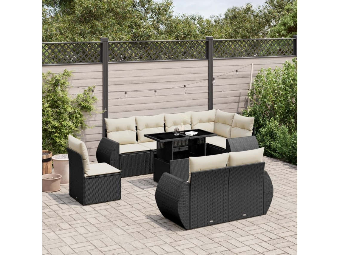 9 Pcs Conjunto De Sofás P/ Jardim C/ Almofadões Vime Pe Preto Dkd Home Decor