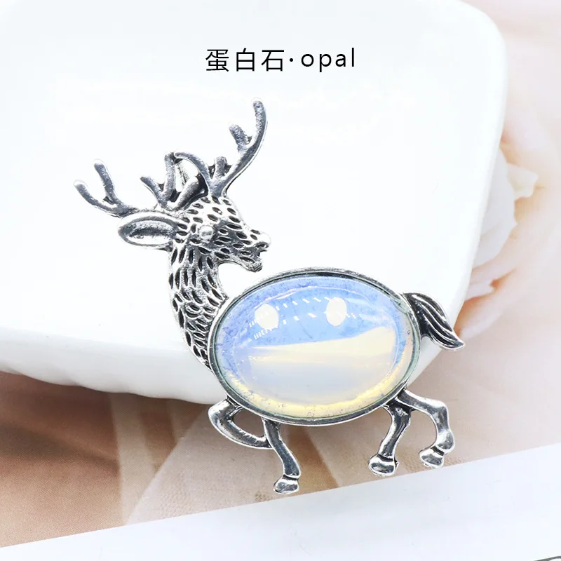 Colar com Pingente de Veado Vintage , Broche de Lapela em Concha de Pedra Preciosa Natural. MDUG (opala)