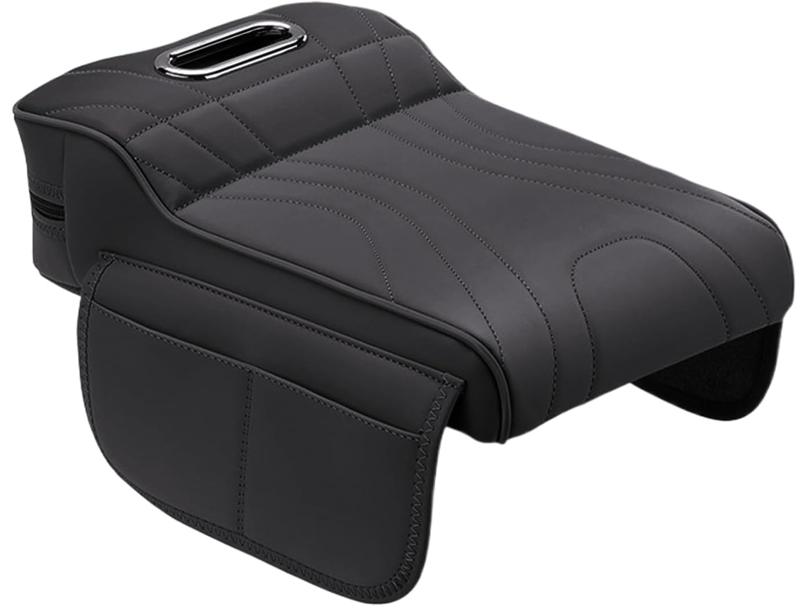Capa para apoio de braço traseiro do carro com suporte para celular e compartimento de armazenamento.