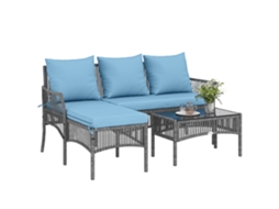 Conjunto Jardim PROFESIA BOYANG com sofá 2 lugares, chaise longue e mesa de centro de vidro temperado azul claro