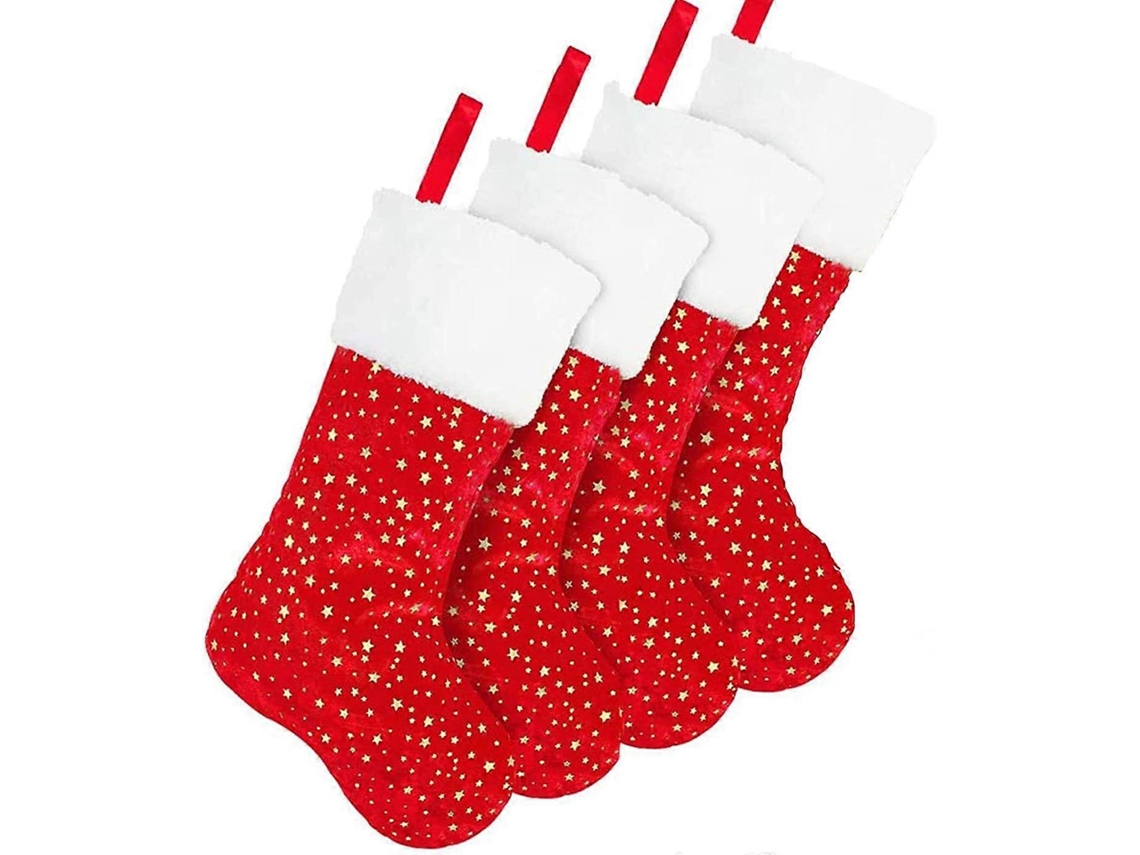 Conjunto De 4 Meias De Natal Vermelhas De 45 Cm Com Estrelas Douradas, Para Pendurar Na Lareira, Com Detalhes Em Pelcia Branca. Hengjian