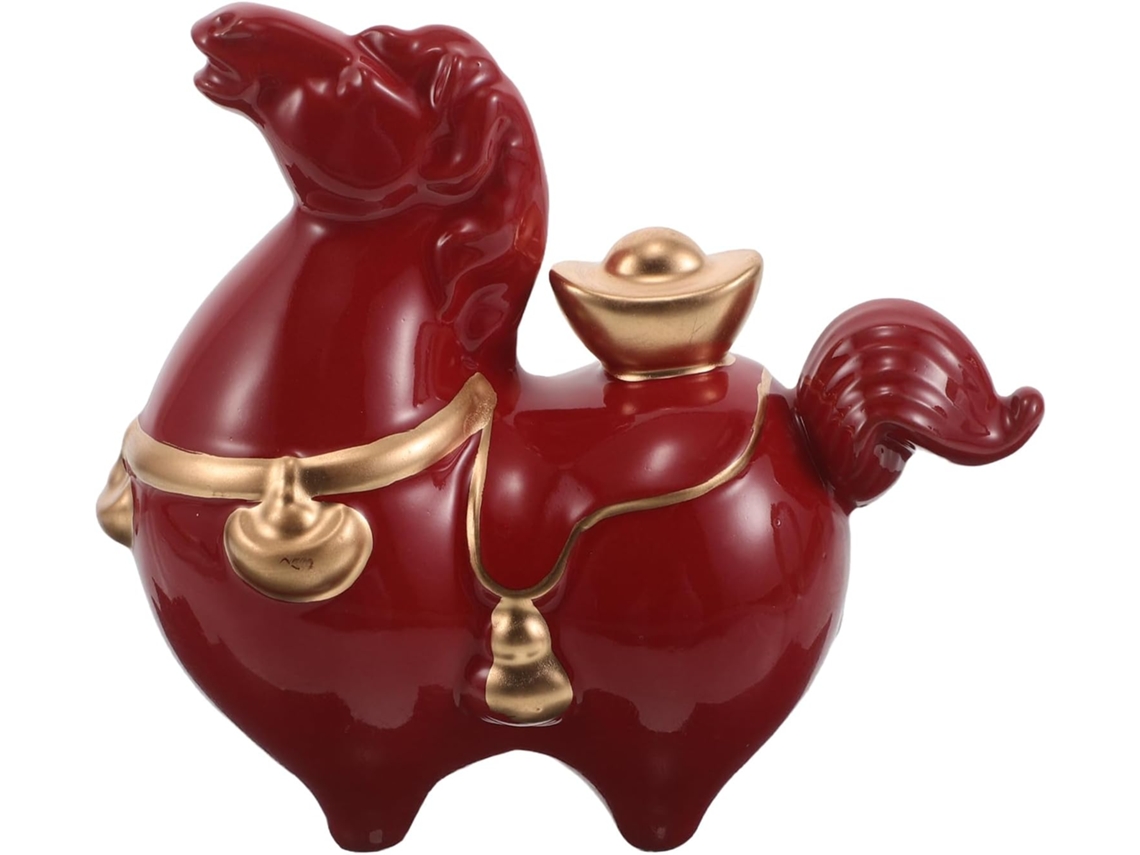 Estatueta Cavalo Chinês Cerâmica Vermelha Decoração Escritório Ornamento Lunar Atrair Riqueza Sorte Estilo GOKOCO