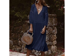 Vestido midi feminino de verão 2026 em cor sólida com decote em V e mangas 3/4.
