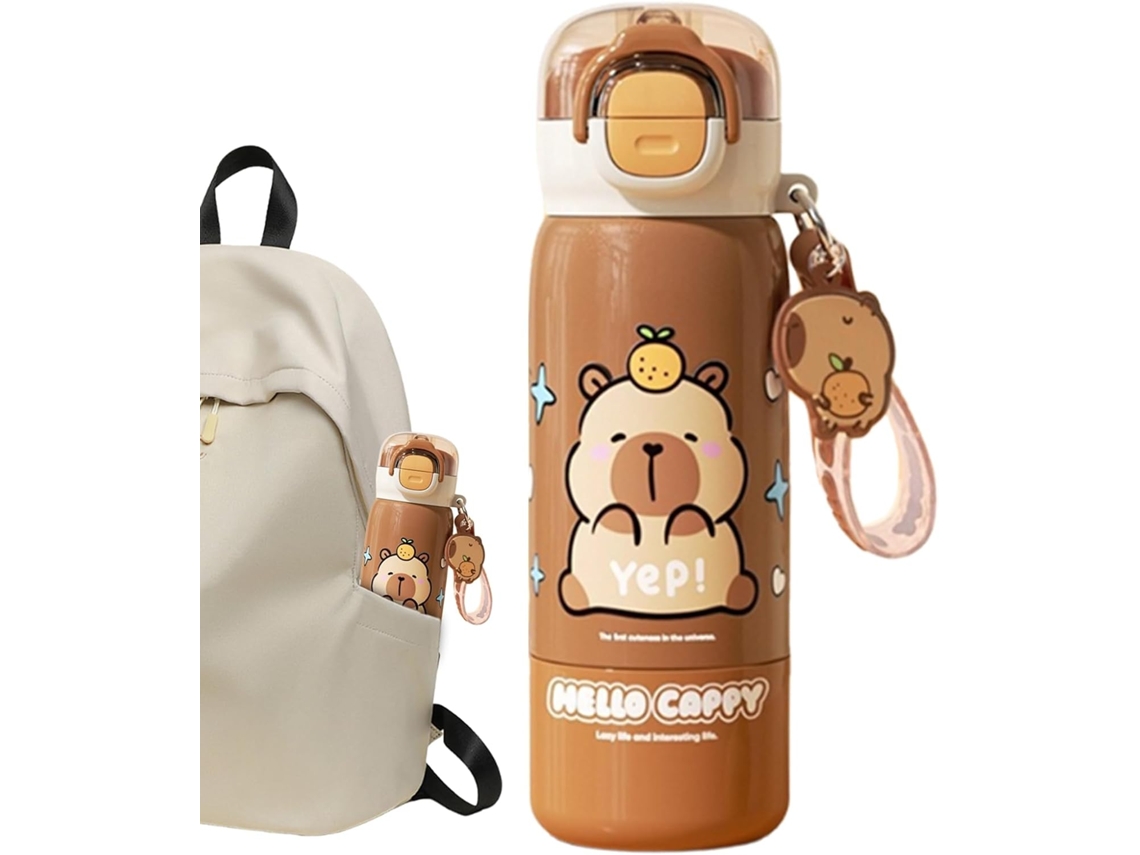 Garrafa De Água Esportiva Fofa - Caneca Aço Inoxidável Com Design Capivara E Tampa Canudo Térmica