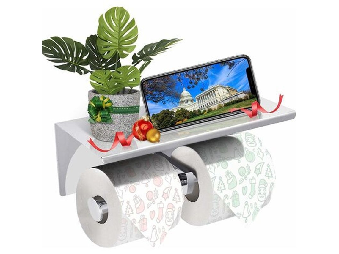 Nova Line suporte de Papel Higiênico Duplo Parede Aço Inox 304 Sem Furo com Prateleira para Celular