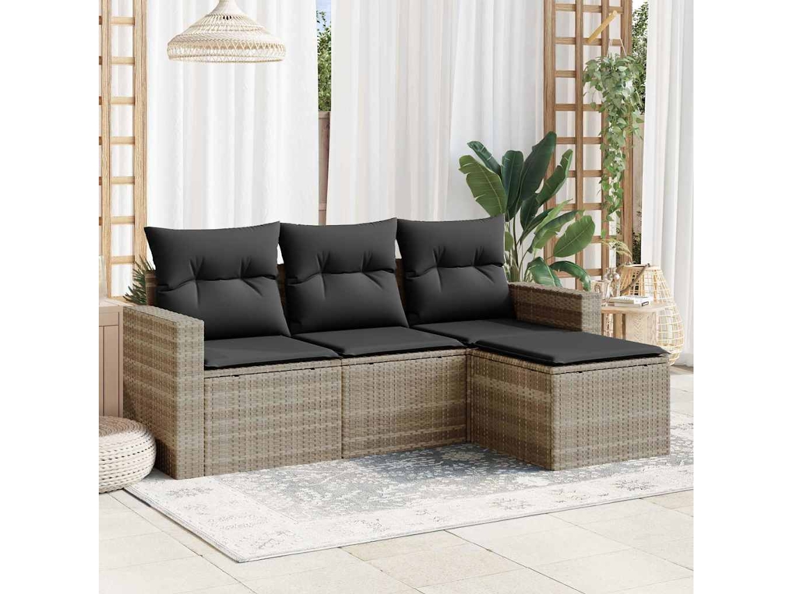 Vidaxl 4 Pcs Conj. Sofás Jardim C/ Almofadões Vime Pe Cinzento-claro