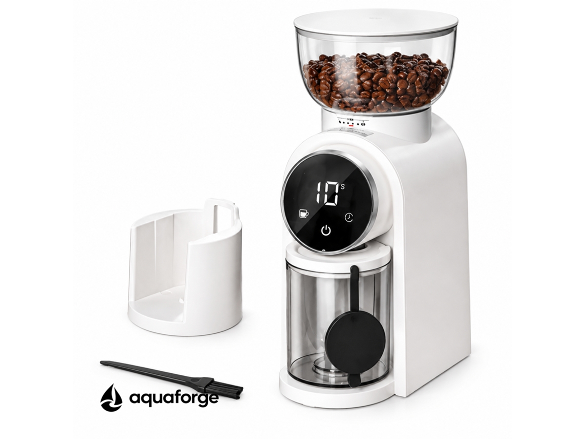 Moinho Elétrico De Café Aquaforge Com Moagem Ajustável E Aço Inoxidável Para Café, Branco