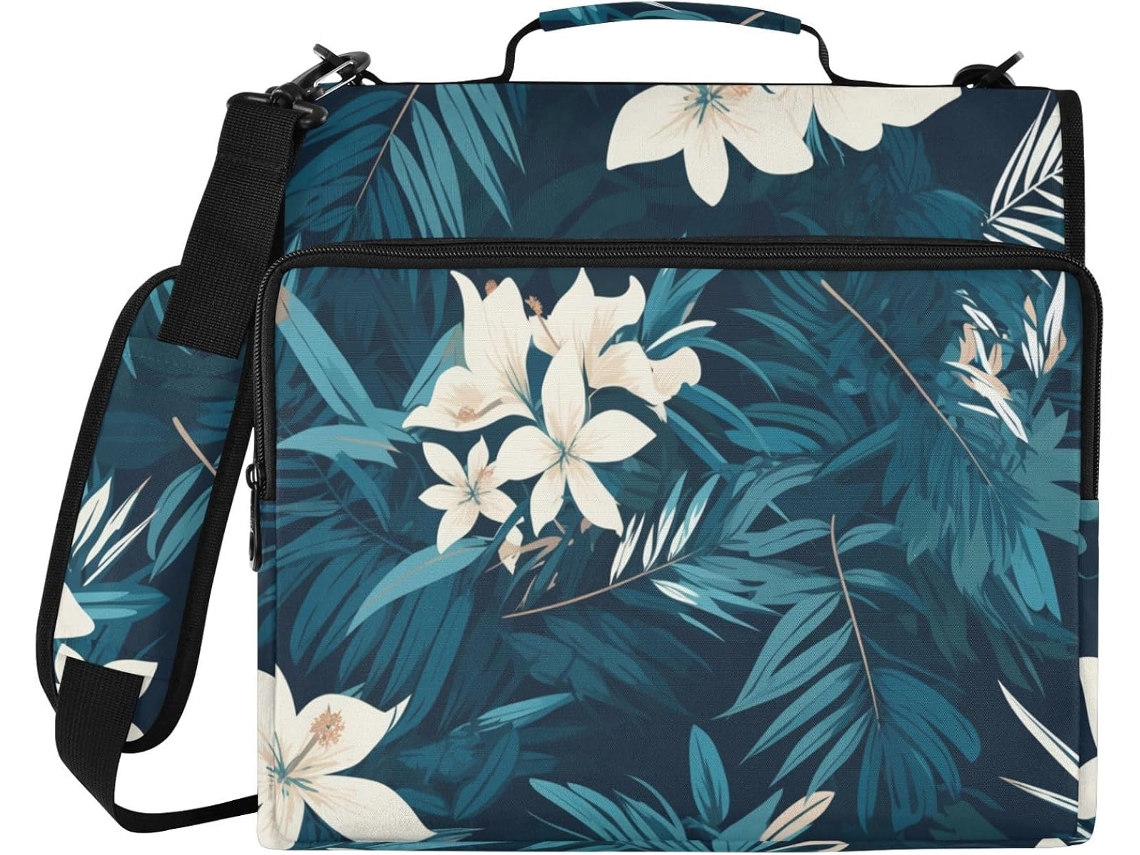 Organizador de macarrão escolar branco com estampa de folha tropical, 3 argolas, zíper e porta-damasco, grande capacidade.