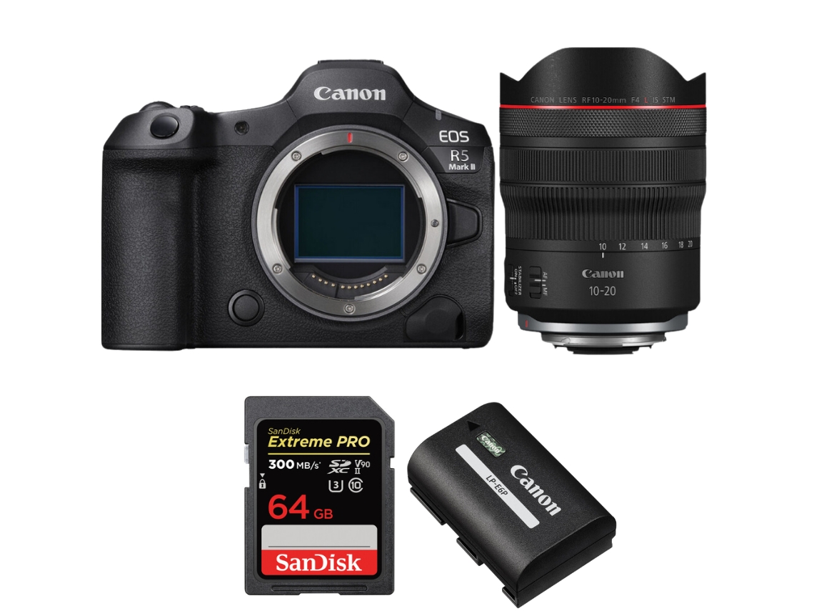 Eos R5 Mark Ii + Rf 10 20mm F/4 L Is Stm + 1 Sandisk 64gb Uhs ii 300mb/s + 1 Canon Lp e6p + Ebook “20 Dicas para Fotos Que Impressionam” CANON