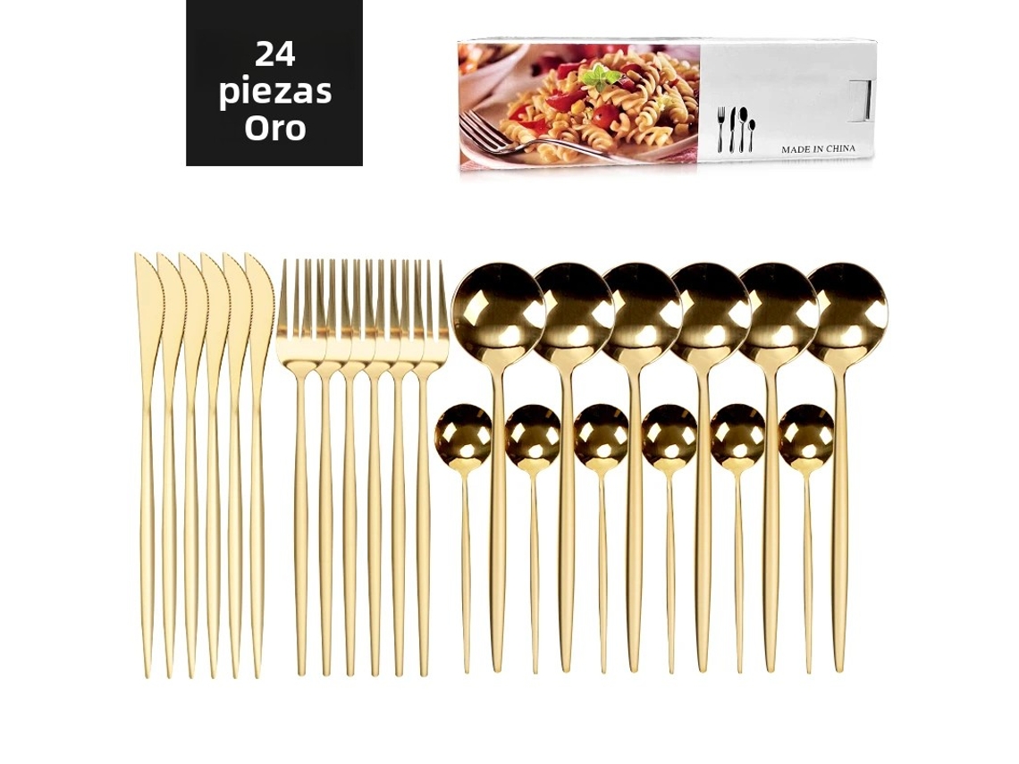 Conjunto De Talheres De Aço Inoxidável (dourado) Com 24 Peças, Incluindo Faca, Colher, Garfo E Talheres Prateados Estilo Ocidental.