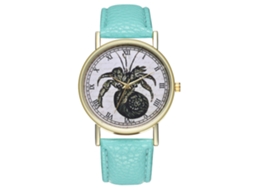 Relógio feminino de quartzo com pulseira de couro sintético, mostrador redondo grande, azul claro.